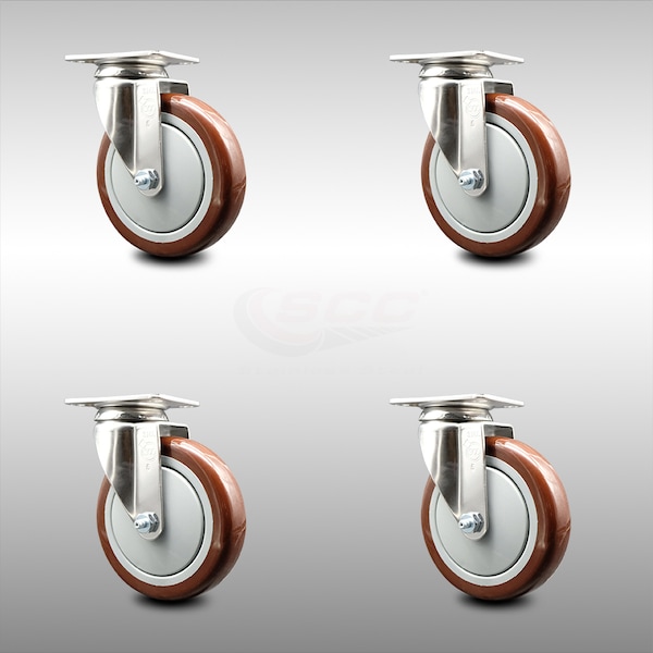 Service Caster 5 Inch 316SS Maroon Polyurethane Wheel Swivel Top Plate Caster Set SCC SCC-SS31620S514-PPUB-MRN-4 - main